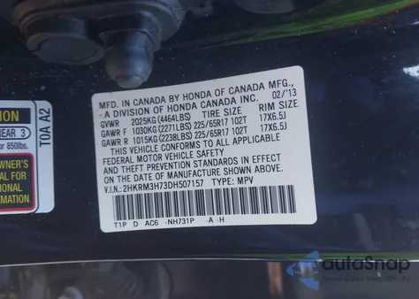 2013 Honda Cr-V Ex-L from USA, damaged, VIN 2HKRM3H73DH507157
